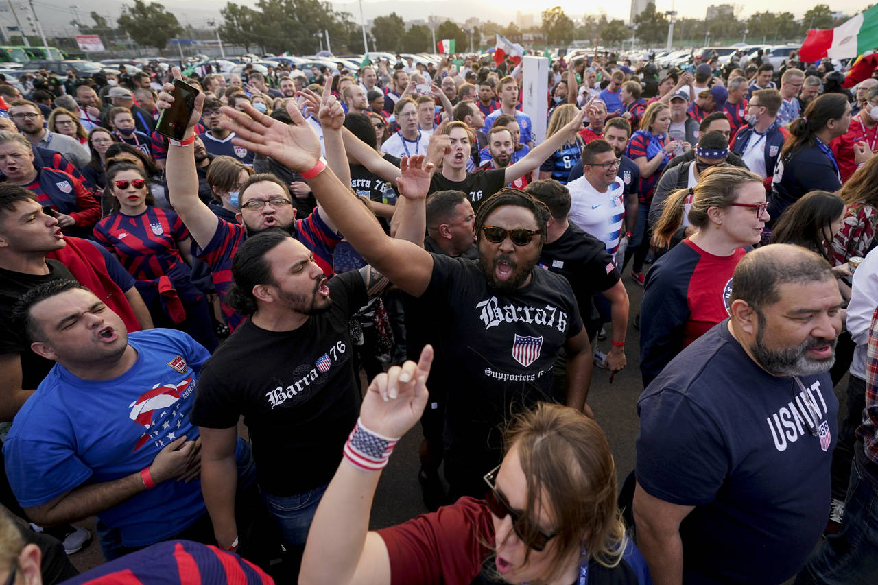 Fans of the United States national soccer team enter Azteca stadium prior to a qualifying soccer ma...