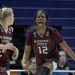 
              Missouri State forward Jennifer Ezeh (12) celebrates a basket against the Ohio State next to Missouri State guard Paige Rocca (22) in the first half of a women's college basketball game in the first round of the NCAA tournament, Saturday, March 19, 2022, in Baton Rouge, La. (AP Photo/Matthew Hinton)
            