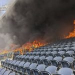 
              In this photo provided by the Denver Fire Department, a fire burns at Empower Field at Mile High stadium in Denver, Thursday, March 24, 2022. Firefighters have extinguished a blaze that torched several rows of seats and a suite area at the Denver Broncos' stadium. The fire broke out in the third-level and burned at least six rows of seats in two sections. (Denver Fire Department via AP)
            