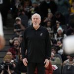 
              San Antonio Spurs head coach Gregg Popovich reacts to a play during the first half of an NBA basketball game against the Los Angeles Lakers, Monday, March 7, 2022, in San Antonio. (AP Photo/Eric Gay)
            