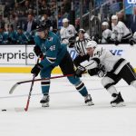 
              San Jose Sharks center Tomas Hertl (48) skates with the puck against Los Angeles Kings center Blake Lizotte (46) during the second period of an NHL hockey game in San Jose, Calif., Saturday, March 12, 2022. (AP Photo/Josie Lepe)
            