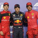 
              From the left, second placed Ferrari driver Charles Leclerc of Monaco, first placed Red Bull driver Sergio Perez of Mexico and third placed Ferrari driver Carlos Sainz of Spain stand after the qualifying session for the Formula One Grand Prix it in Jiddah, Saudi Arabia, Saturday, March 26, 2022. (AP Photo/Hassan Ammar)
            