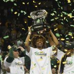 
              Baylor forward NaLyssa Smith, center right, holds up the Big 12 regular season champion trophy with head coach Nicki Collen, center left, and teammates Jordan Lewis, right, and Queen Egbo after an NCAA college basketball game against Texas Tech in Waco, Texas, Sunday, March 6, 2022. (AP Photo/LM Otero)
            