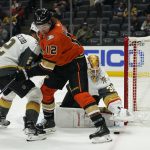 
              Vegas Golden Knights goaltender Laurent Brossoit (39) stops a shot by Anaheim Ducks left wing Sonny Milano (12) during the second period of an NHL hockey game in Anaheim, Calif., Friday, March 4, 2022. (AP Photo/Ashley Landis)
            