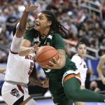 
              Miami forward Destiny Harden drives to the basket against North Carolina State forward Jada Boyd (5) during the first half of NCAA college basketball championship game at the Atlantic Coast Conference women's tournament in Greensboro, N.C., Sunday, March 6, 2022. (AP Photo/Gerry Broome)
            
