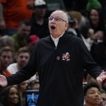 
              Miami head coach Jim Larranaga reacts during the first half of a college basketball game in the Elite 8 round of the NCAA tournament Sunday, March 27, 2022, in Chicago. (AP Photo/Nam Y. Huh)
            