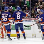 
              New York Islanders left wing Zach Parise (11) reacts after scoring a goal against the Anaheim Ducks in the first period of an NHL hockey game, Sunday, March 13, 2022, in Elmont, N.Y. (AP Photo/Adam Hunger)
            