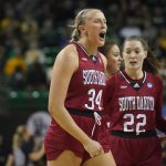 
              South Dakota center Hannah Sjerven (34) screams as she heads to huddle with guard Chloe Lamb (22) and other teammates during the first half of a college basketball game against Baylor in the second round of the NCAA tournament in Waco, Texas, Sunday, March 20, 2022.  (AP Photo/LM Otero)
            