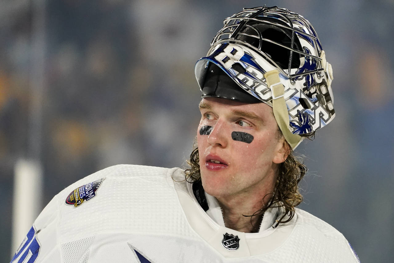 Tampa Bay Lightning goaltender Andrei Vasilevskiy waits for play to resume in the third period of a...