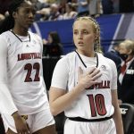 
              Louisville forward Liz Dixon (22) and guard Hailey Van Lith (10) leave the court following the team's loss to Miami in an NCAA college basketball game in the quarterfinals of the Atlantic Coast Conference women's tournament in Greensboro, N.C., Friday, March 4, 2022. (AP Photo/Gerry Broome)
            