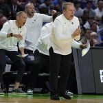 
              Michigan State head coach Tom Izzo yells during the first half of a college basketball game against Duke in the second round of the NCAA tournament on Sunday, March 20, 2022, in Greenville, S.C. (AP Photo/Chris Carlson)
            