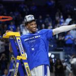 
              Duke forward Wendell Moore Jr. celebrates after Duke defeated Arkansas in a college basketball game in the Elite 8 round of the NCAA men's tournament in San Francisco, Saturday, March 26, 2022. (AP Photo/Marcio Jose Sanchez)
            