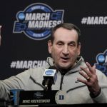 
              Duke coach Mike Krzyzewski speaks during a news conference for the NCAA men's college basketball tournament in San Francisco, Friday, March 25, 2022. Duke faces Arkansas in an Elite 8 game Saturday. (AP Photo/Jeff Chiu)
            