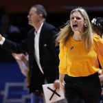 
              Tennessee head coach Kellie Harper yells to her players during the second half of a college basketball game against Buffalo in the first round of the NCAA Tournament, Saturday, March 19, 2022, in Knoxville, Tenn. (AP Photo/Wade Payne)
            