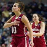 
              Indiana forward Aleksa Gulbe (10) reacts during the second quarter of a college basketball game against Connecticut in the Sweet Sixteen round of the NCAA women's tournament, Saturday, March 26, 2022, in Bridgeport, Conn. (AP Photo/Frank Franklin II)
            