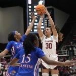 
              Stanford guard Haley Jones (30) shoots over Kansas center Taiyanna Jackson, left, during the first half of a second-round game in the NCAA women's college basketball tournament Sunday, March 20, 2022, in Stanford, Calif. (AP Photo/Tony Avelar)
            