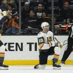 
              Vegas Golden Knights center Nicolas Roy (10) reacts after scoring during the second period of an NHL hockey game against the Anaheim Ducks in Anaheim, Calif., Friday, March 4, 2022. (AP Photo/Ashley Landis)
            