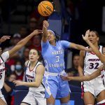 
              North Carolina Tar Heels guard Kennedy Todd-Williams (3) passes the ball out of the paint while Arizona's defense collapses on Todd-Williams during their game in round two of the NCAA Women's Basketball Tournament in Tucson, Ariz. on Monday, March 21, 2022. (Arizona Daily Star via AP)
            