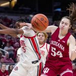 
              Indiana forward Mackenzie Holmes (54) and Ohio State forward Tanaya Beacham (35) go for a rebound in the second half of an NCAA college basketball game at the Big Ten Conference tournament in Indianapolis, Saturday, March 5, 2022. Indiana defeated Ohio State 70-62. (AP Photo/Michael Conroy)
            