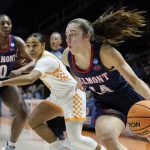 
              Belmont's Jamilyn Kinney (14) drives against Tennessee in the first half of a women's college basketball game in the second round of the NCAA tournament Monday, March 21, 2022, in Knoxville, Tenn. (AP Photo/Mark Humphrey)
            