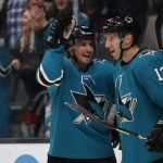 
              San Jose Sharks left wing Matt Nieto, left, celebrates with center Nick Bonino (13) during the first period of an NHL hockey game against the Los Angeles Kings in San Jose, Calif., Saturday, March 12, 2022. (AP Photo/Josie Lepe)
            
