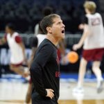
              Arkansas head coach Eric Musselman yells out instructions during practice for the NCAA men's college basketball tournament Wednesday, March 23, 2022, in San Francisco. Arkansas faces Gonzaga in a Sweet 16 game on Thursday. (AP Photo/Marcio Jose Sanchez)
            
