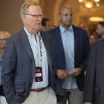
              New York Giants co-owner, president and CEO John Mara, front left, arrives for a presentation at the start of the NFL football owners meeting, Sunday, March 27, 2022, at The Breakers resort in Palm Beach, Fla. (AP Photo/Rebecca Blackwell)
            