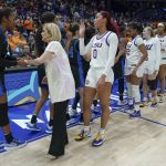 
              LSU head coach Kim Mulkey and her team congratulate Kentucky players after an NCAA college basketball game at the women's Southeastern Conference tournament Friday, March 4, 2022, in Nashville, Tenn. Kentucky won 78-63. (AP Photo/Mark Humphrey)
            