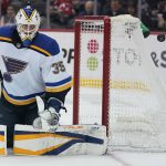 
              St. Louis Blues goaltender Ville Husso keeps an eye on the puck during the third period of the NHL hockey game against the New Jersey Devils in Newark, N.J., Sunday, March 6, 2022. The Devils defeated the Blues in overtime, 3-2. (AP Photo/Seth Wenig)
            