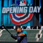 SEATTLE, WASHINGTON - APRIL 15: Julio Rodriguez #44 of the Seattle Mariners warms up before the game against the Houston Astros at T-Mobile Park on April 15, 2022 in Seattle, Washington. All players are wearing the number 42 in honor of Jackie Robinson Day. (Photo by Steph Chambers/Getty Images)