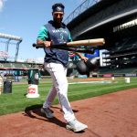 SEATTLE, WASHINGTON - APRIL 15: Abraham Toro #13 of the Seattle Mariners reacts before the game against the Houston Astros at T-Mobile Park on April 15, 2022 in Seattle, Washington. All players are wearing the number 42 in honor of Jackie Robinson Day. (Photo by Steph Chambers/Getty Images)