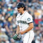 SEATTLE, WASHINGTON - APRIL 15: Marco Gonzales #7 of the Seattle Mariners reacts during the first inning against the Houston Astros at T-Mobile Park on April 15, 2022 in Seattle, Washington. All players are wearing the number 42 in honor of Jackie Robinson Day. (Photo by Steph Chambers/Getty Images)