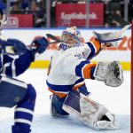 
              Toronto Maple Leafs left wing Pierre Engvall (47) takes a shot on New York Islanders goaltender Ilya Sorokin (30) during the second period of an NHL hockey game in Toronto, Sunday, April 17, 2022. (Frank Gunn/The Canadian Press via AP)
            