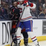 
              Montreal Canadiens' Jeff Petry, right, checks Columbus Blue Jackets' Carson Meyer during the second period of an NHL hockey game Wednesday, April 13, 2022, in Columbus, Ohio. (AP Photo/Jay LaPrete)
            