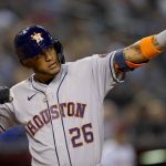 
              Houston Astros' Jose Siri crosses the plate after hitting a solo home run against the Arizona Diamondbacks during the fifth inning of a baseball game, Tuesday, April 12, 2022, in Phoenix. (AP Photo/Matt York)
            