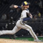 
              Milwaukee Brewers relief pitcher Josh Hader throws to a Pittsburgh Pirates batter during the ninth inning of a baseball game Wednesday, April 27, 2022, in Pittsburgh. The Brewers won 3-1. (AP Photo/Keith Srakocic)
            