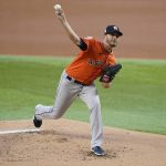 
              Houston Astros starting pitcher Jake Odorizzi pitches in the first inning of a baseball game against the Texas Rangers, Tuesday, April 26, 2022, in Arlington, Texas. (AP Photo/Tony Gutierrez)
            