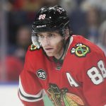
              Chicago Blackhawks right wing Patrick Kane (88) waits for a faceoff during the second period of the team's NHL hockey game against the Buffalo Sabres on Friday, April 29, 2022, in Buffalo, N.Y. (AP Photo/Joshua Bessex)
            