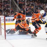 
              St. Louis Blues' Pavel Buchnevich (89) scores on Edmonton Oilers goalie Mike Smith (41) during the third period of an NHL hockey game Friday, April 1, 2022, in Edmonton, Alberta. (Jason Franson/The Canadian Press via AP)
            