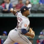 
              Houston Astros starting pitcher Framber Valdez throws against the Texas Rangers during the first inning of a baseball game Monday, April 25, 2022, in Arlington, Texas. (AP Photo/Michael Ainsworth)
            
