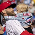 
              Philadelphia Phillies right fielder Bryce Harper (3) holds his daughter, Brooklyn Elizabeth Harper, after receiving the MVP in a ceremony before the start a baseball game against the Oakland Athletics, Saturday, April 9, 2022, in Philadelphia. (AP Photo/Laurence Kesterson)
            