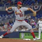 
              St. Louis Cardinals' starting pitcher Adam Wainwright delivers against the Miami Marlins during the first inning of a baseball game Tuesday, April 19, 2022, in Miami. (AP Photo/Jim Rassol)
            