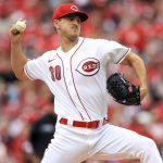
              Cincinnati Reds' Tyler Mahle throws during the first inning of a baseball game against the Cleveland Guardians in Cincinnati, Tuesday, April 12, 2022. (AP Photo/Aaron Doster)
            