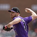 
              Colorado Rockies starting pitcher Chad Kuhl throws during the first inning of an interleague baseball game against the Detroit Tigers, Sunday, April 24, 2022, in Detroit. (AP Photo/Carlos Osorio)
            