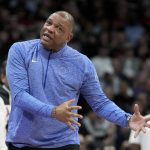
              Philadelphia 76ers coach Doc Rivers argues with officials during the second half of Game 6 of the team's NBA basketball first-round playoff series against the Toronto Raptors on Thursday, April 28, 2022, in Toronto. (Frank Gunn/The Canadian Press via AP)
            