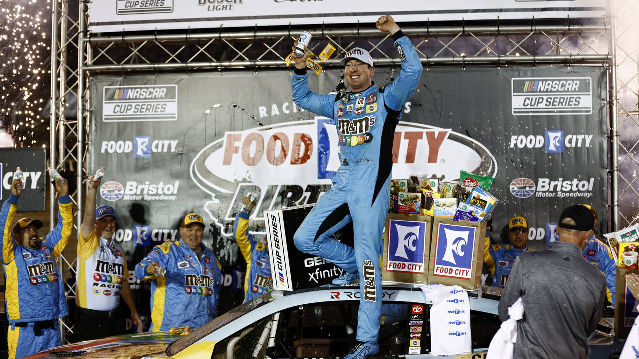 Driver Kyle Busch celebrates after winning a NASCAR Cup Series auto race, Sunday, April 17, 2022, i...