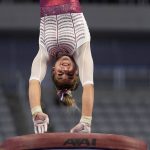 
              Oklahoma's Danielle Sievers competes on the vault during the NCAA women's gymnastics championships, Thursday, April 14, 2022, in Fort Worth, Texas. (AP Photo/Tony Gutierrez)
            