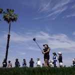 
              Hinako Shibuno of Japan hits from the third tee during the final round of the LPGA Chevron Championship golf tournament Sunday, April 3, 2022, in Rancho Mirage, Calif. (AP Photo/Marcio Jose Sanchez)
            