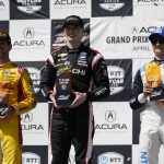 
              From left, second place winner Andretti Autosport driver Romain Grosjean of France, first place winner Team Penske driver Josef Newgarden of United States, and third place winner Chip Ganassi Racing driver Álex Palou of Spain hold their trophies after an IndyCar auto race at the Grand Prix of Long Beach on Sunday, April 10, 2022, in Long Beach, Calif. (AP Photo/Ashley Landis)
            