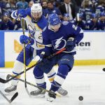 
              Tampa Bay Lightning center Brayden Point (21) and Buffalo Sabres left wing Zemgus Girgensons (28) battle for a loose puck during the second period of an NHL hockey game Sunday, April 10, 2022, in Tampa, Fla. (AP Photo/Chris O'Meara)
            